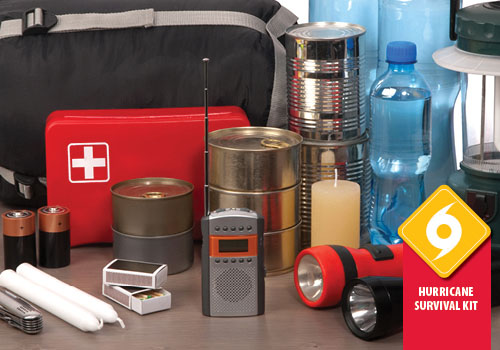 A kit with first-aid items, batteries, candles, matches, a radio, canned food, water, a lantern, flashlights, and other things.