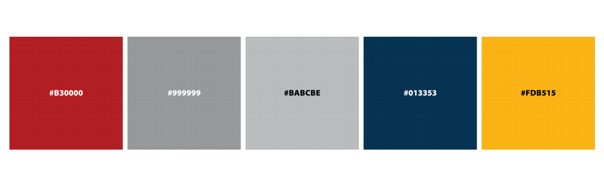 Color Palette Hex Codes. Red #b30000, Dark Gray $919195, Light Gray #BABCBE, Dark Blue: #013353, Yellow #FDB515. The light gray and yellow should be used with black text on the top layer; use white text for the others. 