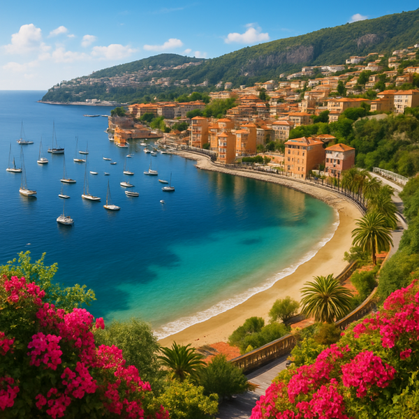Sailboats and other boats along a beach coast of the French Riviera. Pink flowers appear in bushes in the foreground, and hills appear in the background behind city buildings.